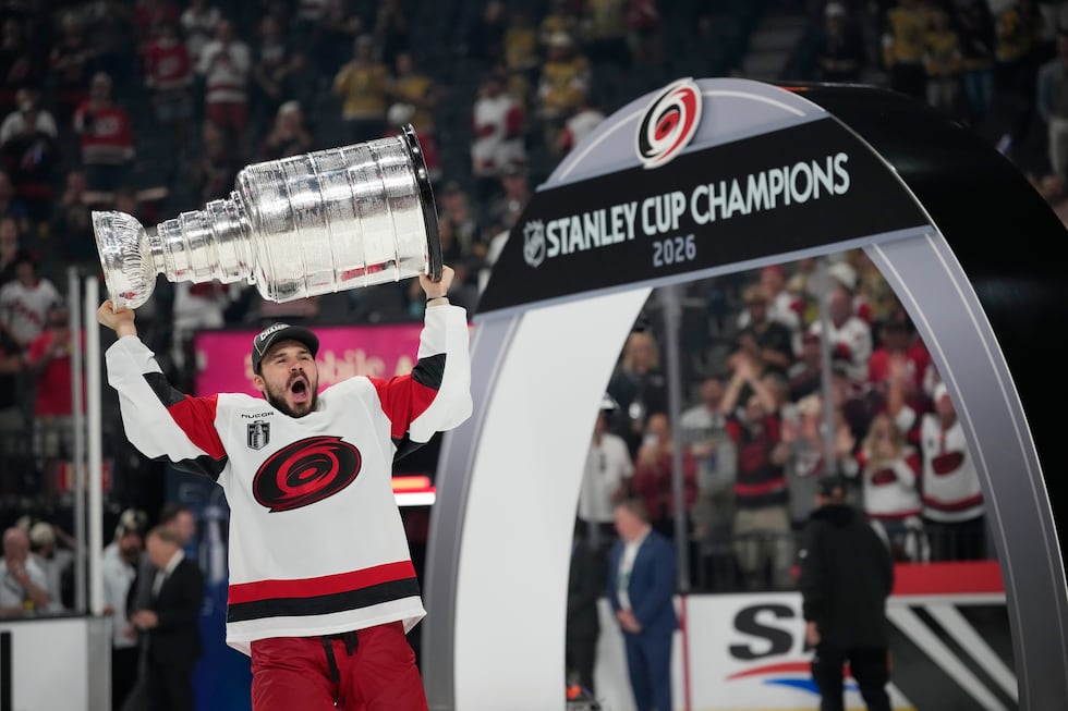 Carolina Hurricanes center Logan Stankoven (22) celebrates after a win over the Vegas Golden...