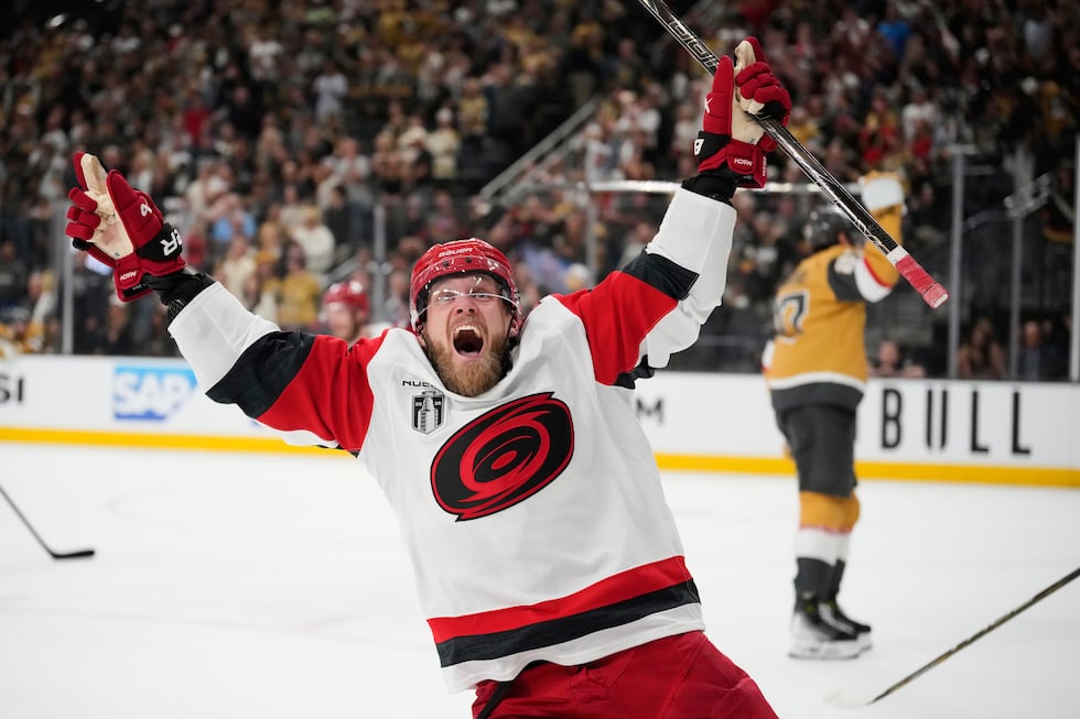 Carolina Hurricanes left wing Nikolaj Ehlers (27) celebrates after scoring an empty-net goal...