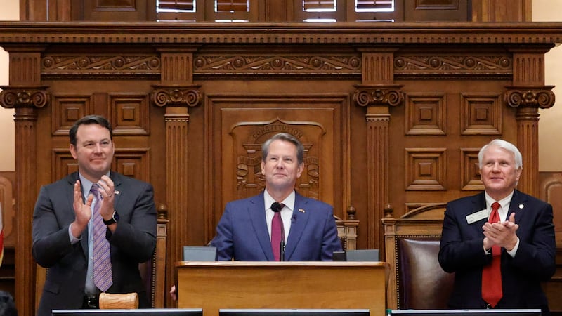 Georgia Lieutenant Gov. Burt Jones, left, and Georgia Speaker of the House Jon Burns, right,...