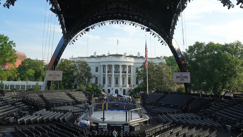 The arena for the UFC Freedom 250 fights on the South Lawn of the White House is photographed...