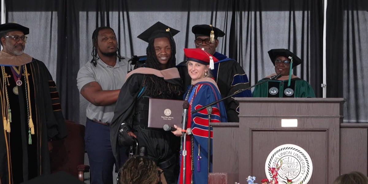 Graduting Peter Paralyzed student uses special suit to help him walk across graduation ...