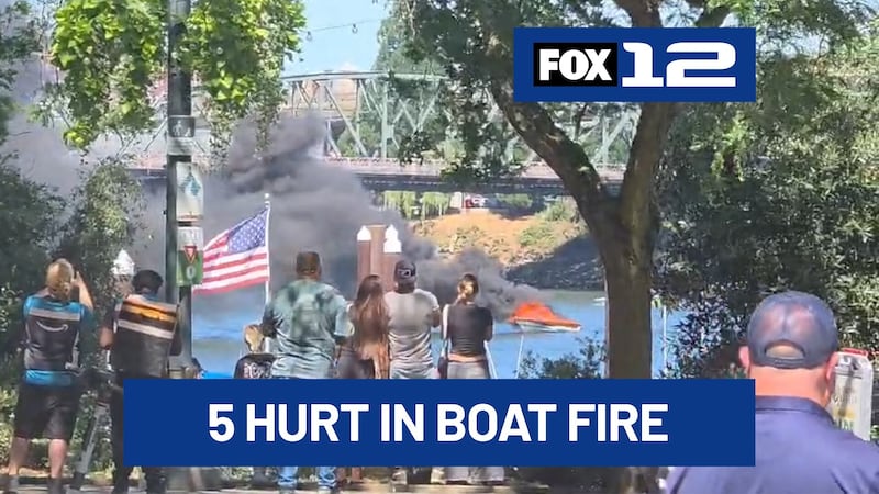 Five people were hurt when a boat caught fire on the Willamette River through downtown...
